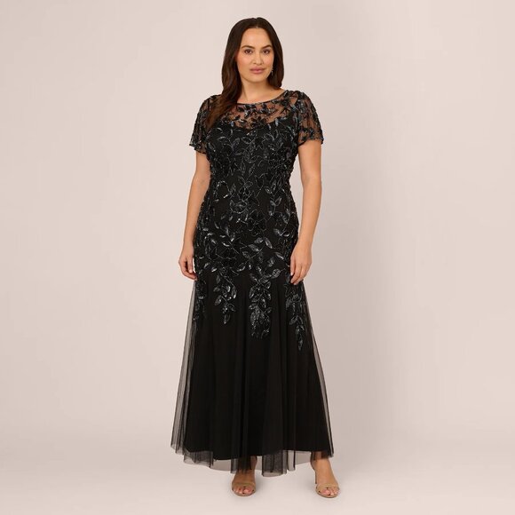 Plus Size Hand Beaded Short Sleeve Floral Godet Gown In Black Gunmetal